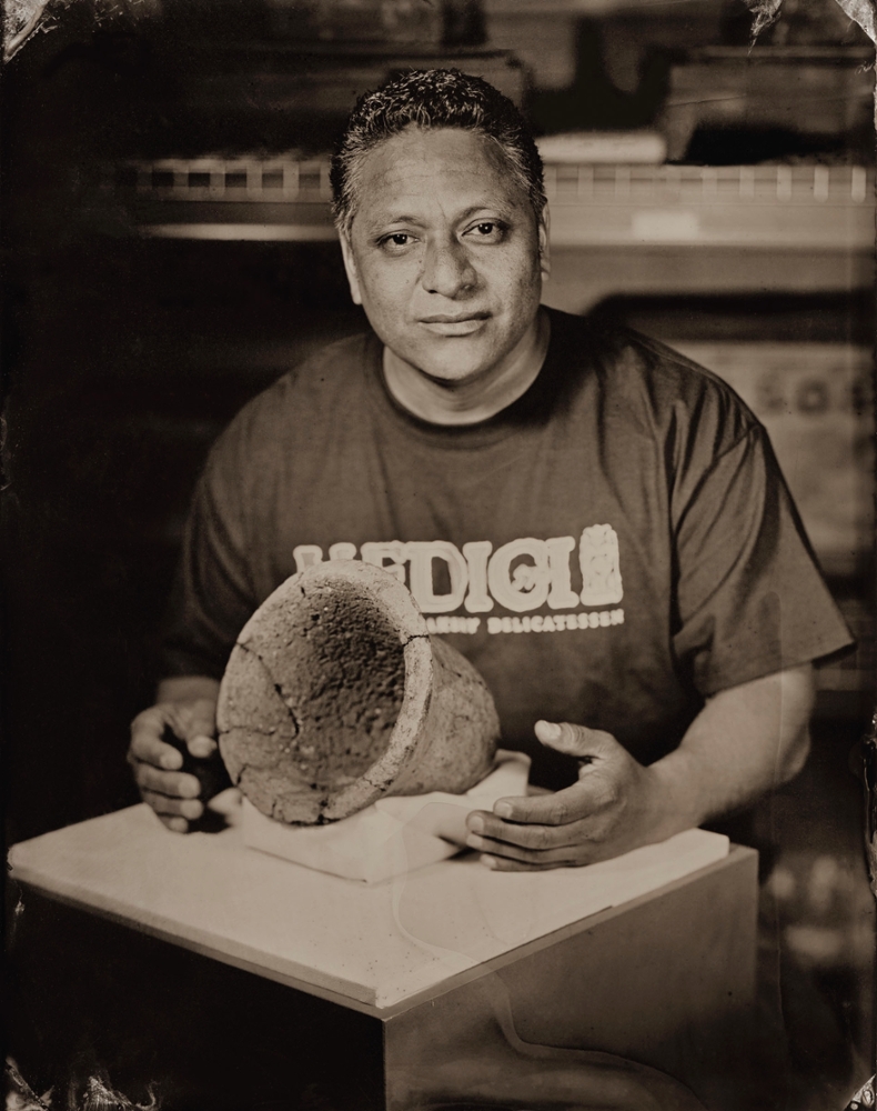 Baker Mario Silva and an Egyptian bread pan, 2013