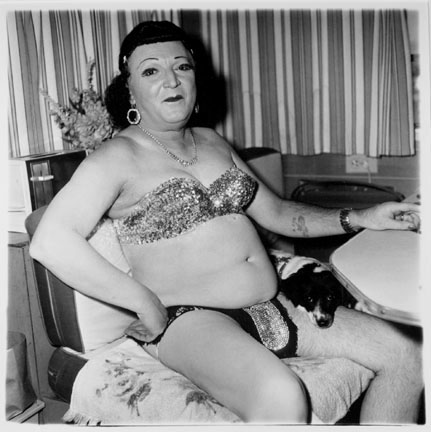 Hermaphrodite and a dog in a carnival trailer, Maryland