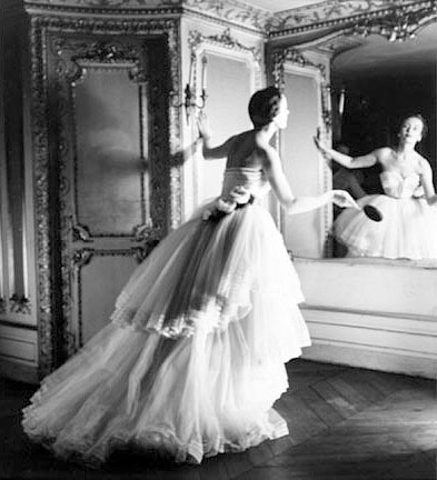 Model in White Dior Ball Gown with Mirror