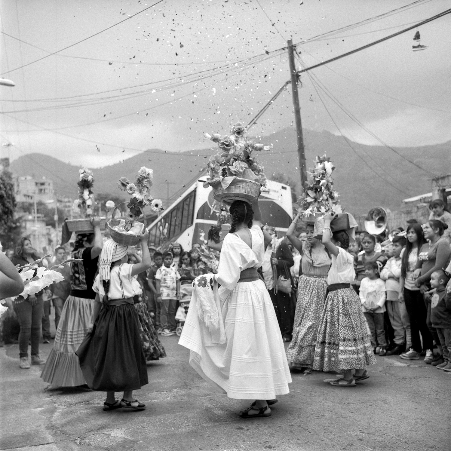 A group of girls dancing el Jarabe del Valle, Cuautepec, Mexico City, from the 