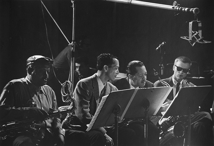 Ben Webster, Earle Warren, Lester Young, and Gerry Mulligan, television studio, N.Y.C.