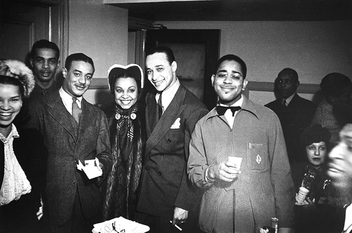 Cholly Atkins, Donald Mills, Avis Andrews, Louis Brown, Dizzy Gillespie, and Keg Johnson, backstage, Earle Theater, Philadelphia