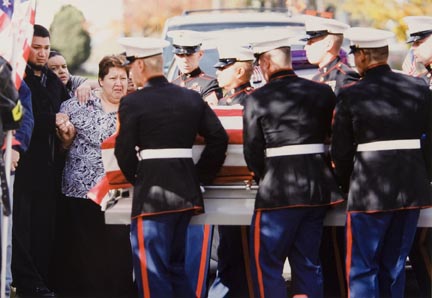 Martha Lopez, Mother of Marine Private Edwardo Lopez, is Supported by Family Members and a Marine as her Son's Casket is Carried Into the Church. Lopez, of Aurora was Killed by Hostile Fire, October 19, 2006 in Al Anbar, a Province in Western Iraq. Funeral Service was Held at San Pablo Evangelical Lutheran Church, in Aurora, October 2006