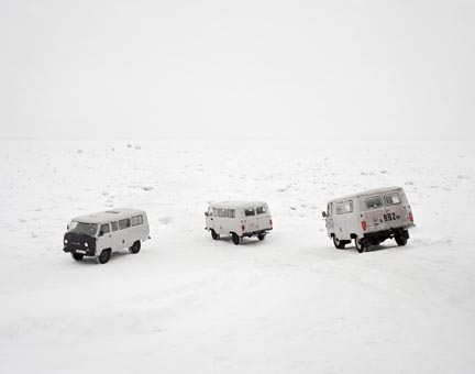 Taxis cross the frozen Lena River, Yakutsk