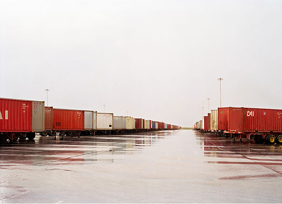 Untitled (red containers, wet ground), Fort Worth, Texas