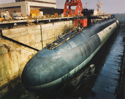 Untitled (Ohio class Trident submarine, USS Alaska in dry dock for refit, Bangor Naval Submarine Base, Washington)
