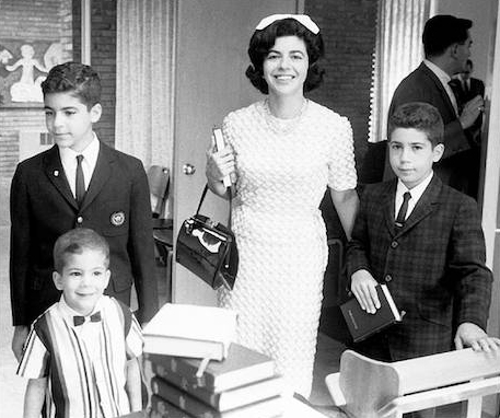 Florence proudly leads sons Harmon and Steve into the synagogue for Richard’s Bar Mitzvah in 1966. Richard nervously holds his prayer book. Florence was 44.