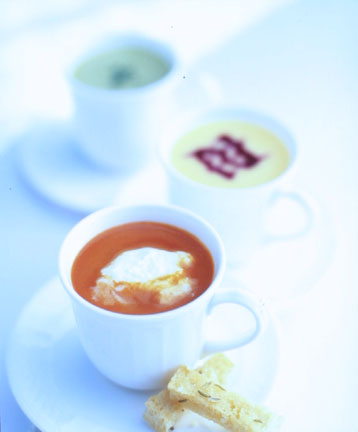 Three Soups--Red Pepper, Spinach, and Peach--Served in Delicate Demitasse Cups